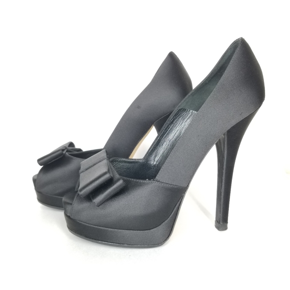 FENDI Peep Toe Heels in Black Satin with Bow Platform Stiletto Pumps EU 37 - Picture 7 of 16